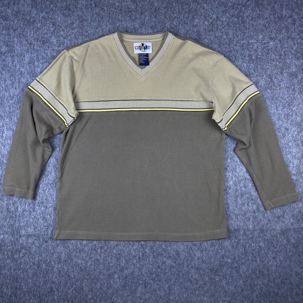 Vtg Club Crest Men's Knit Sweater Tight Knit V Neck Tan Stripe 100% Cotton Sz M